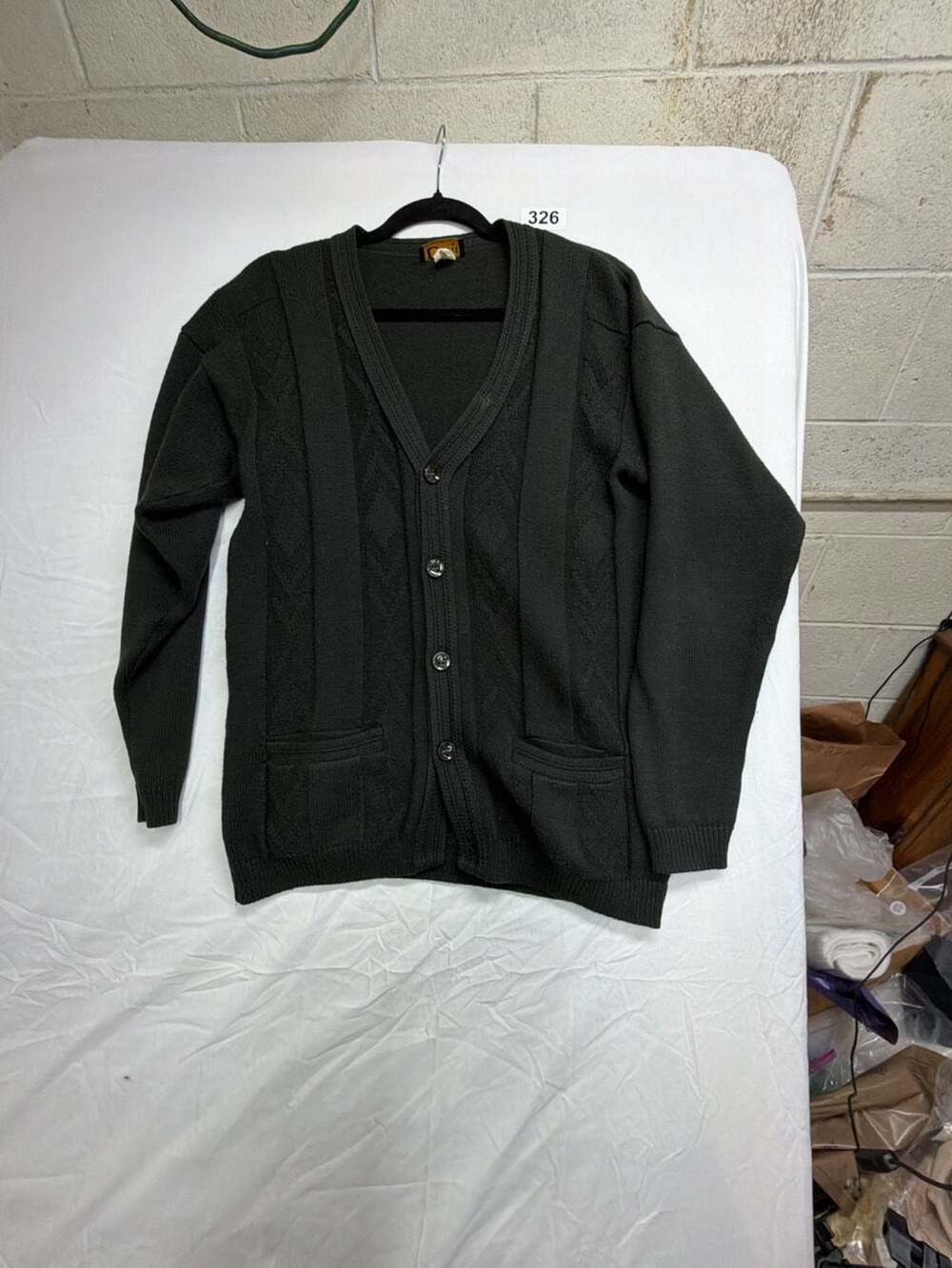 Odil Vintage Dark Green Acrylic V-Neck Cardigan Sweater with Pockets